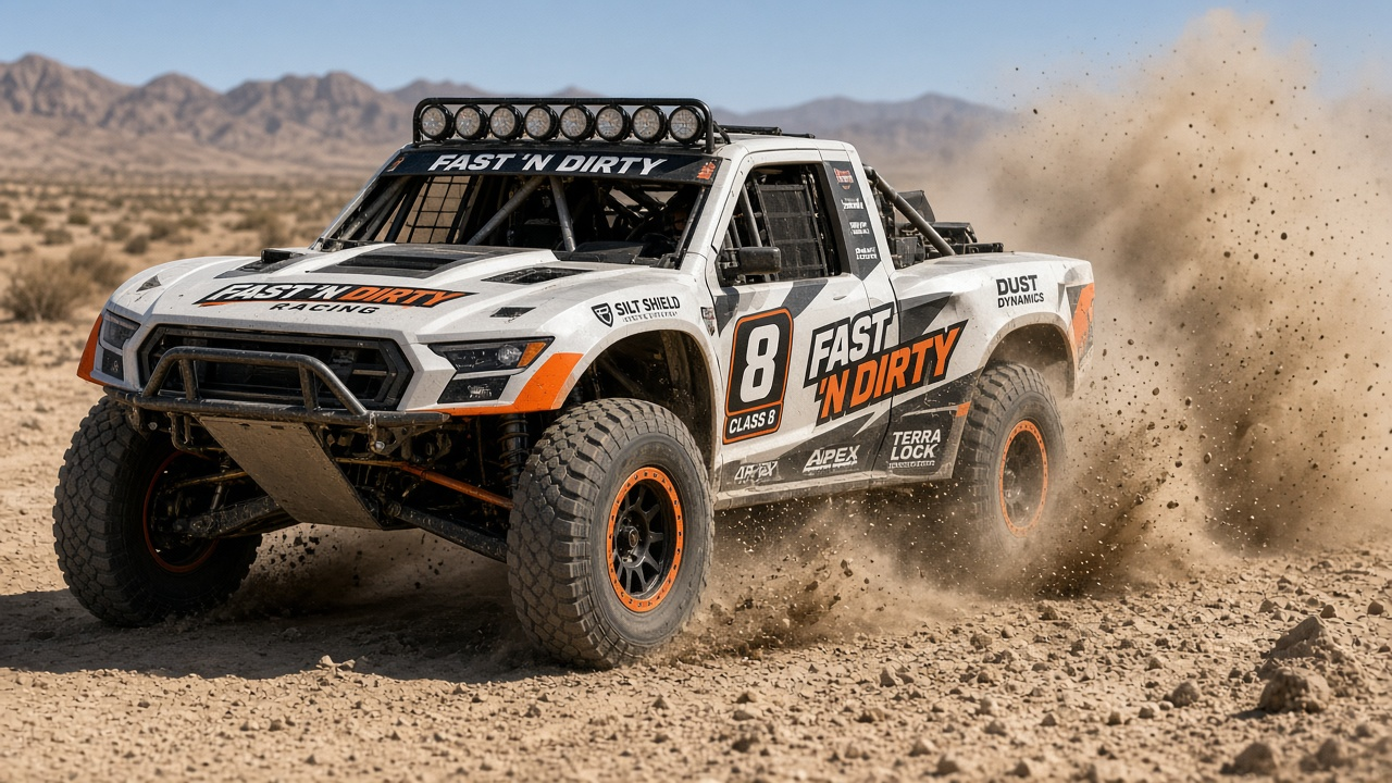 SCORE Class 8 heavy desert race truck under hard midday sun through silt whoops, Fast 'N Dirty marks on body
