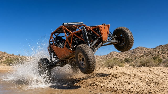 Open-wheel tube-frame Class 10 desert race buggy splashing out of a shallow desert wash crossing in hard midday sun, water spraying off the rear tires
