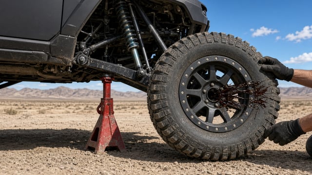Rear corner of a desert race truck up on a red jack stand, two gloved hands gripping the knobby tire, a glossy streak of grease slung from the hub across the wheel spokes, coilover shock, hard desert sun