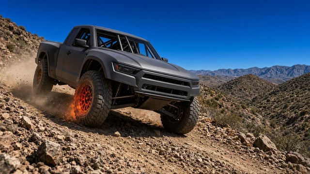 Plain matte gray race pickup with a cage and long-travel suspension braking down a rocky desert switchback, front rotors glowing orange, dust under hard sun