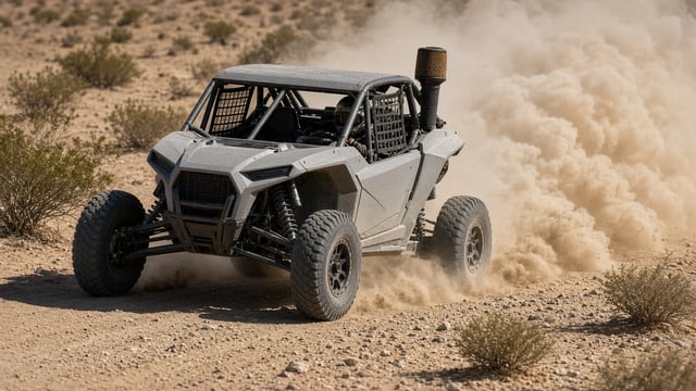Dust-covered desert race UTV running through a tan dust cloud, its intake pre-filter caked brown, under hard desert sun.