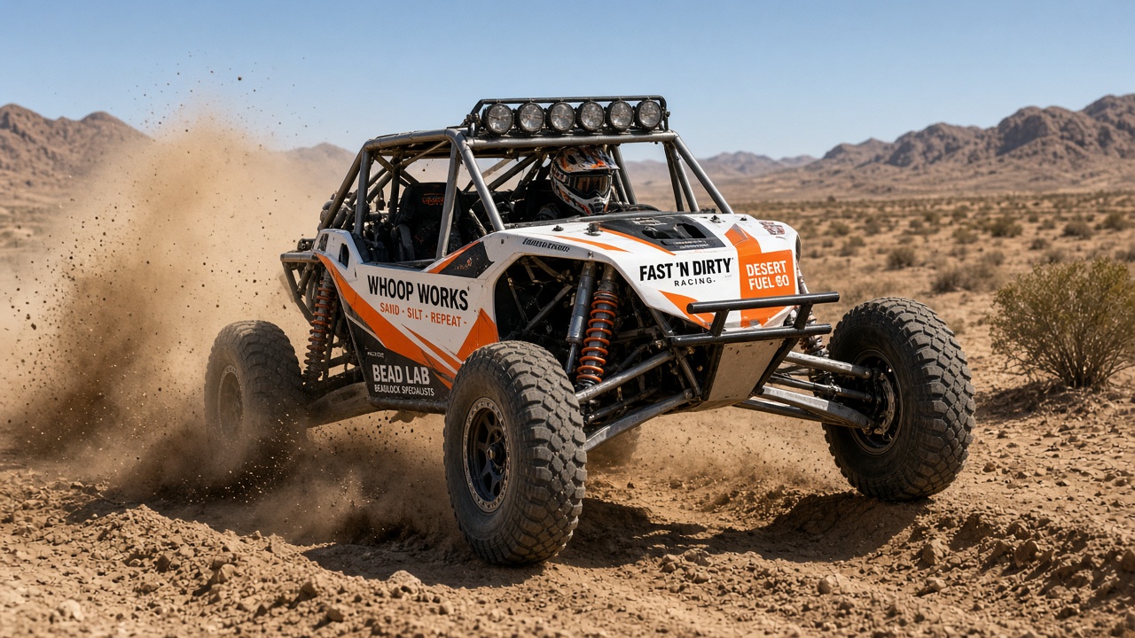 SCORE Class 5 Unlimited buggy under hard midday sun kicking roost through whoops — Fast 'N Dirty marks on body