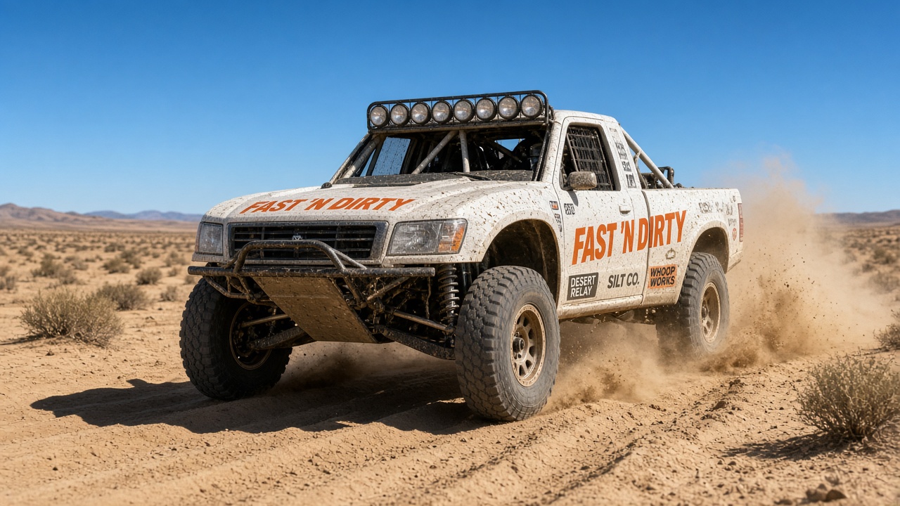 Photoreal pre-runner mid-whoop daytime hard sun with roost, long-travel, cage, light bar, knobbies, Fast 'N Dirty marks plus fake sponsors Desert Relay / Silt Co. / Whoop Works, no wreck