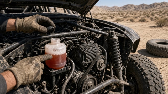 Gloved hands at an open power steering reservoir with foam on reddish fluid, Spec Trophy Truck engine bay, daytime desert pit.