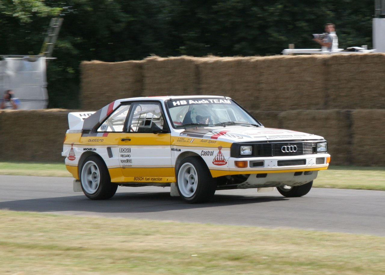 An Audi Sport Quattro listed as Michèle Mouton's 1985 Pikes Peak car, at the Goodwood Festival of Speed in 2006, photo by Brian Snelson