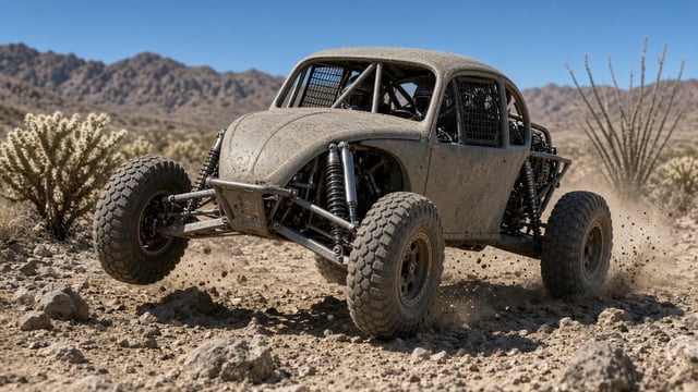 Dust-gray Baja Bug race car with an exposed roll cage bouncing its front tire off rocks in a sunlit desert wash.