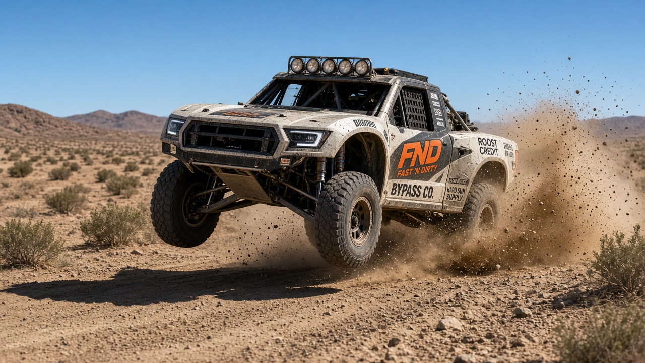 Photoreal Unlimited Trophy Truck mid-whoop daytime hard sun with air/roost, long-travel, cage, light bar, knobbies, Fast 'N Dirty marks plus fake sponsors Bypass Co. / Roost Credit / Hard Sun Supply, no wreck