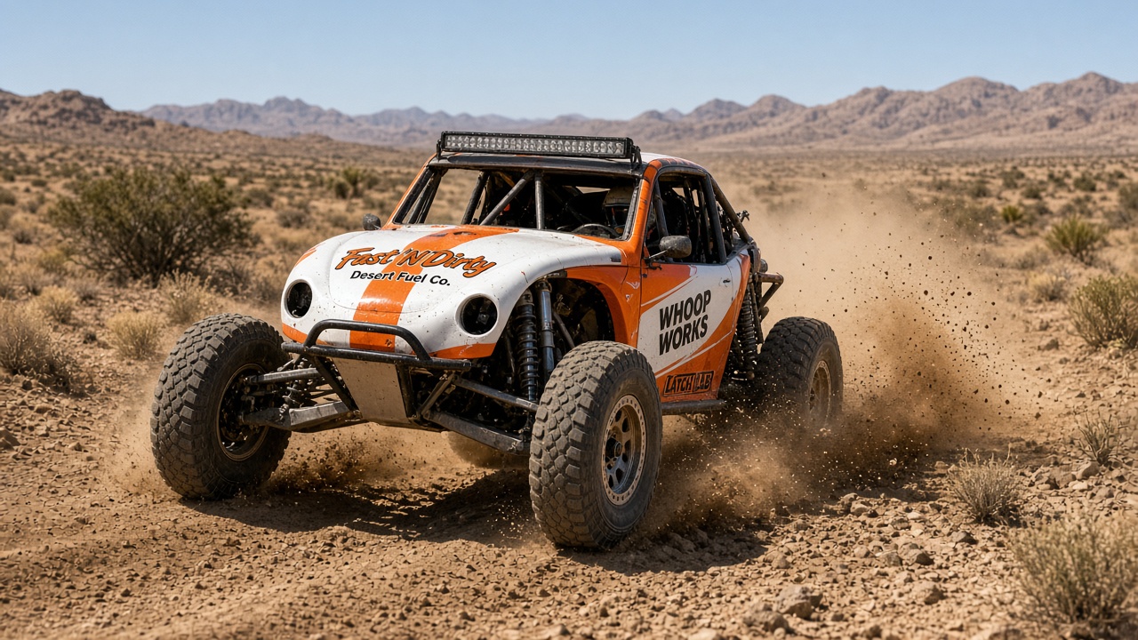 SCORE Class 11 Baja Bug under hard midday sun kicking roost through whoops — Fast 'N Dirty marks on body
