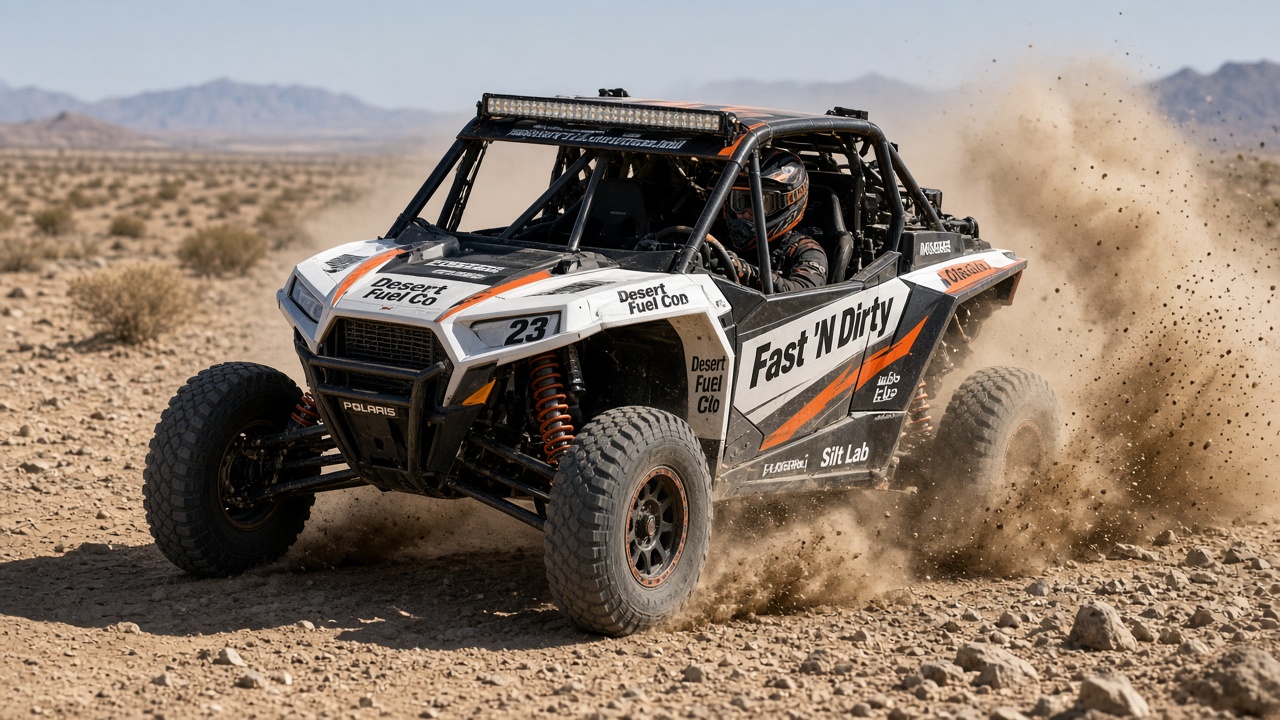 SCORE/NORRA-style Pro R race UTV under hard midday sun kicking roost through silt whoops — Fast 'N Dirty marks on body