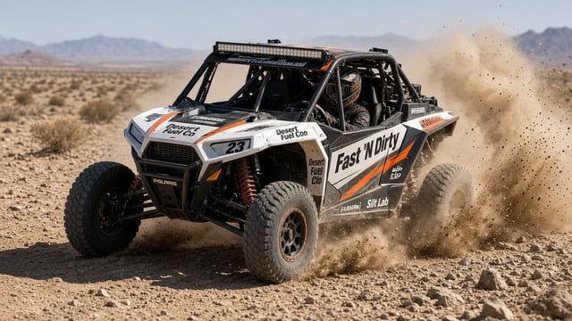 SCORE/NORRA-style Pro R race UTV under hard midday sun kicking roost through silt whoops — Fast 'N Dirty marks on body